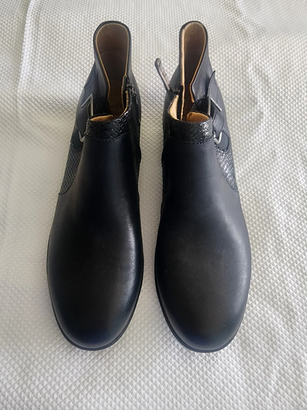 Dansko black leather ankle Boots with side buckle and textured panel